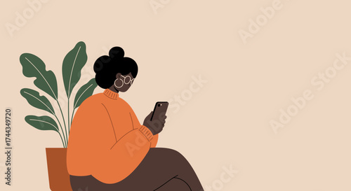 Relaxed woman using smartphone for communication social media or remote work with copy space