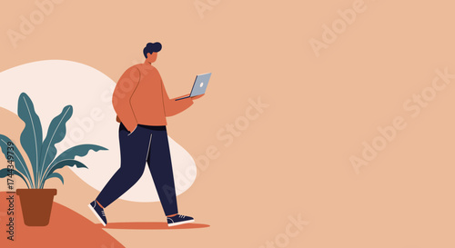 Man walking and working on a laptop symbolizing modern productivity and flexible lifestyle