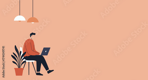 Man using laptop in modern home office Remote work freelancing online learning productivity