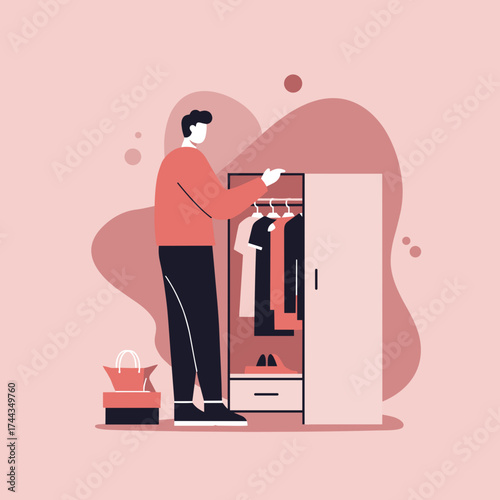 Man organizing or choosing clothes from a wardrobe Fashion daily routine shopping lifestyle concept