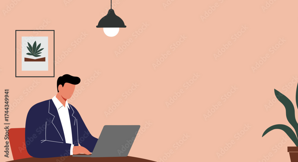 Fototapeta premium Man working on laptop in modern home office Business remote work productivity concept