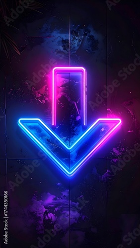 Neon arrow, downward, vibrant colors, dark background, grunge texture