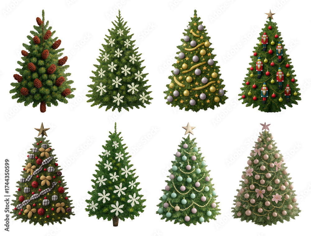 Fototapeta premium PNG Decorative Christmas trees collection, element set on transparent background