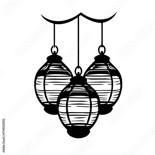 Hanging paper lanterns silhouette — festive Asian decor trio, celebration ornament vector illustration