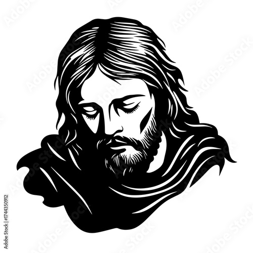 Sacred Jesus Christ face silhouette — religious portrait of holy savior vector illustration