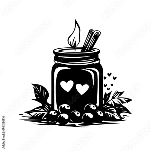 Jar of jam with berries silhouette — homemade sweet preserve with cinnamon stick vector illustration