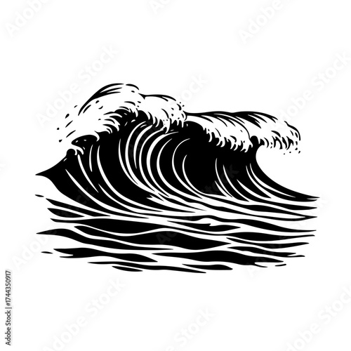 Ocean wave silhouette — powerful sea surf crest curling water vector illustration for maritime themes