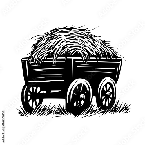 Hay cart silhouette — wooden wagon loaded with straw bale farm transport vector illustration