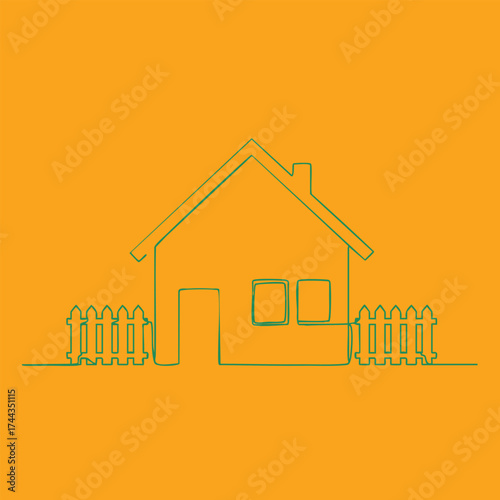 Simple line drawing of a cozy house with a pitched roof, , and a surrounding picket fence on a vibrant orange