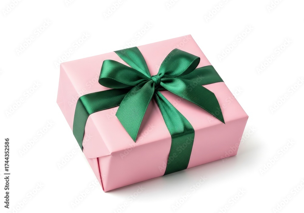 Obraz premium Elegant Pink Gift Box with Green Ribbon on White Background.