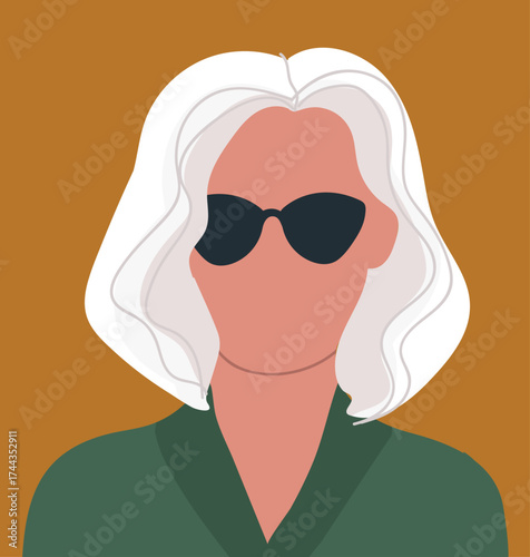 Senior woman, head portrait in modern fashion style. Old gray female face. Elderly person avatar, stylish granny. Hand drawn vector illustration.