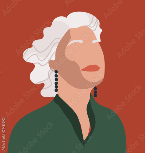 Senior woman, head portrait in modern fashion style. Old gray female face. Elderly person avatar, stylish granny. Hand drawn vector illustration.