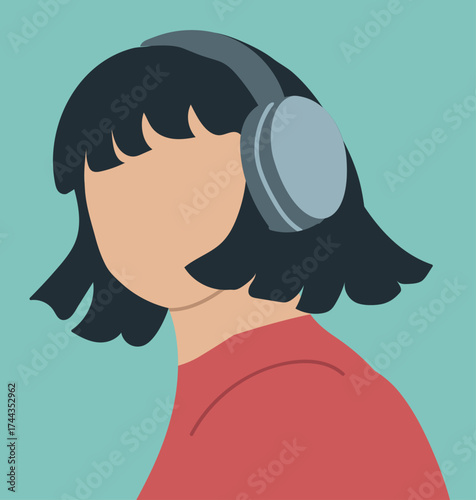 Avatar woman with headphones, head portrait. blank face,  Abstract female portrarait, Hand drawn vector illustration.