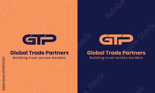 Global Trade Partners logo design showcasing trust and international collaboration in modern orange and navy style