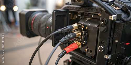 A professional video camera is prepared for filming, showing audio cables plugged into its rear. Focus is on the equipment in a well-lit studio setting