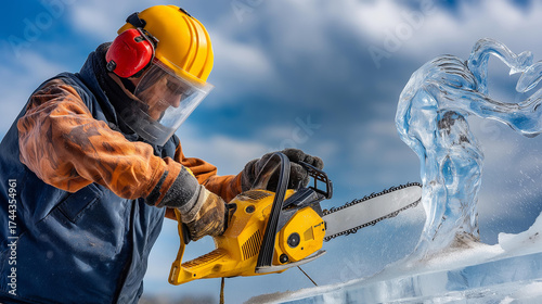 Ice sculptor carving swan figure with chainsaw, frozen mist — blured background, with copy space.