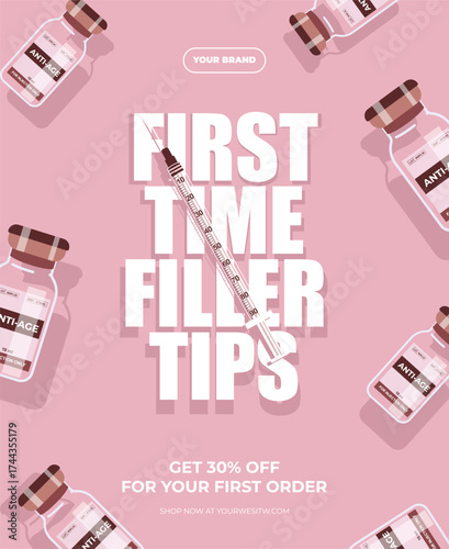 Modern cosmetology vector illustration showing beauty filler tips for beginners. Perfect for social media posts, clinic templatesa, aesthetic medicine guides, or beauty blogs.