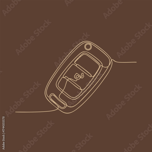 Minimalist Line Drawing of a Car Key Fob with Lock and Unlock Buttons on a Solid Brown
