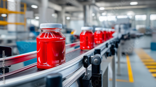 Wallpaper Mural Industrial ketchup production line, bottles moving on a conveyor belt under bright factory lights — blured background, with copy space. Torontodigital.ca