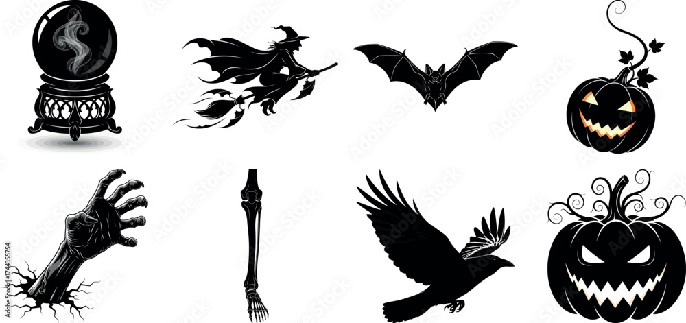 Obraz premium Vector art of collection of spooky halloween icons including a witch, crystal ball, bat, and carved pumpkin