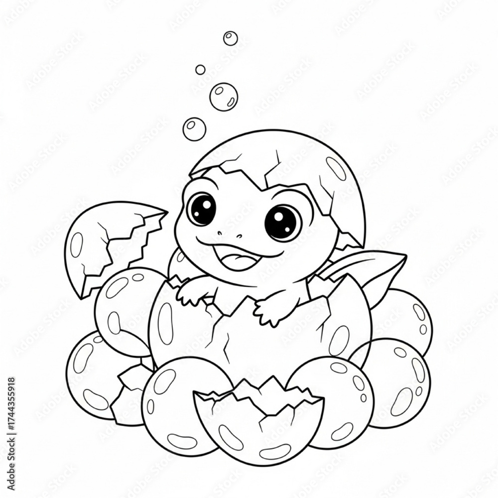 Obraz premium Cute baby dragon hatching from egg surrounded by cracked shells and bubbles