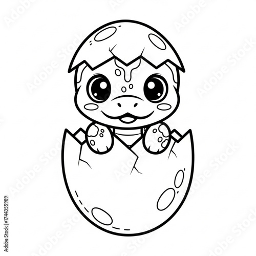 Cute baby dinosaur hatching from cracked egg, adorable outline illustration