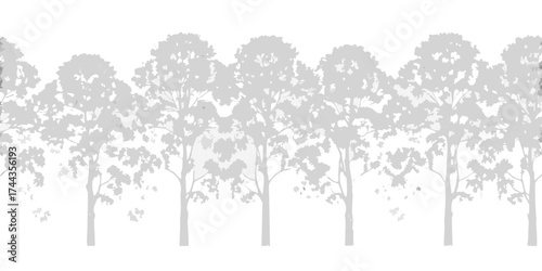 Seamless pattern of stylized trees with delicate foliage in shades of gray on a white background
