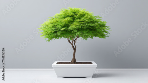 Small green bonsai tree in white ceramic pot with delicate foliage and minimalist indoor styling creating calm modern decor