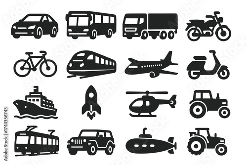 Silhouette icons of various modes of transportation including car, bus, train, and bicycle