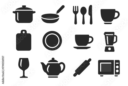 Kitchen utensil icons: cookware, cutlery, and appliances in black silhouette style