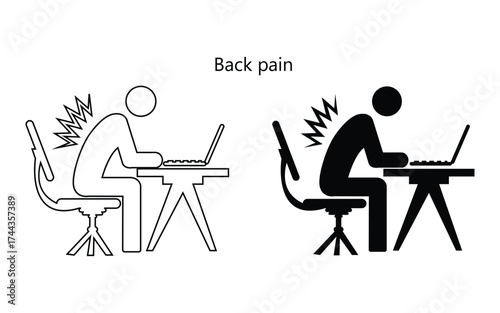 silhouette of a man working on a laptop, Two figures illustrating poor posture and back pain while working at a desk with a laptop isolated on white background