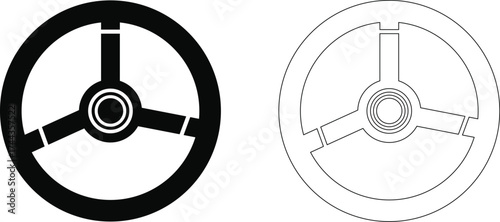 Two steering wheel icons one solid black and one outlined sketch isolated on white background
