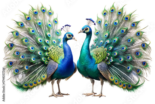 Two magnificent male peacocks displaying their vibrant iridescent feathers in a majestic courtship dance on a pristine white background