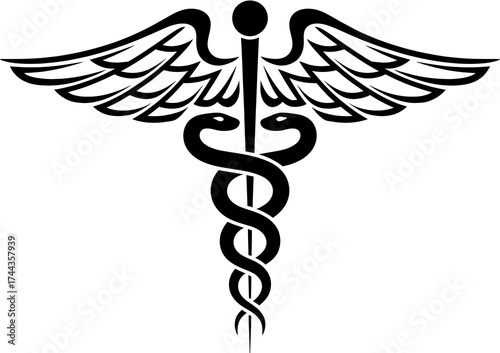 Iconic caduceus symbol winged staff two serpents wrapped medical healthcare symbol