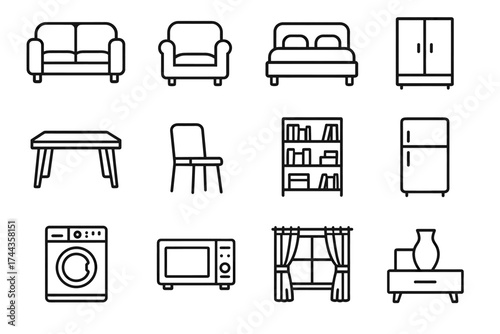 Minimalist furniture icons: sofa, armchair, bed, wardrobe, table, chair, bookshelf, fridge