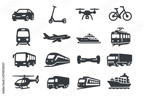 Set of transportation icons featuring car, bus, train, bicycle, and more
