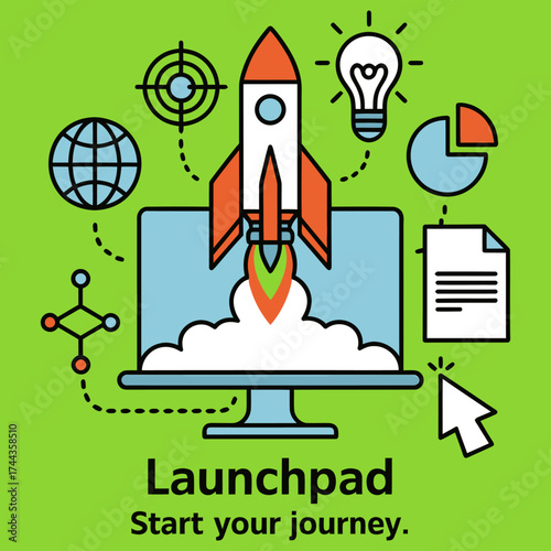 Vibrant launchpad banner design featuring a dynamic journey start with bold colors and modern typography