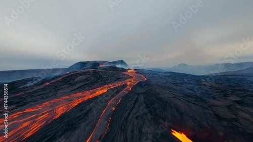 FPV drone flying over glowng lava flows from an eruping volcano.