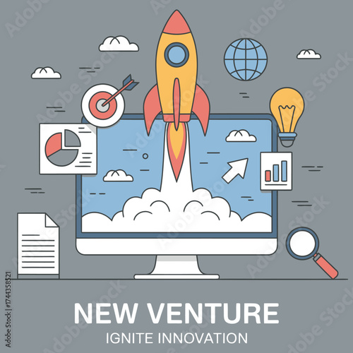 Dynamic new venture ignition and innovation concept design with vibrant color elements and modern typography