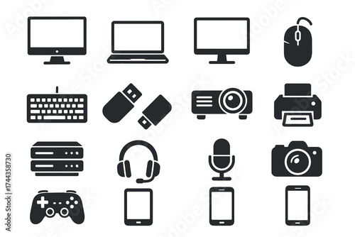 Silhouette icons of electronic devices including computer, laptop, camera, and smartphone
