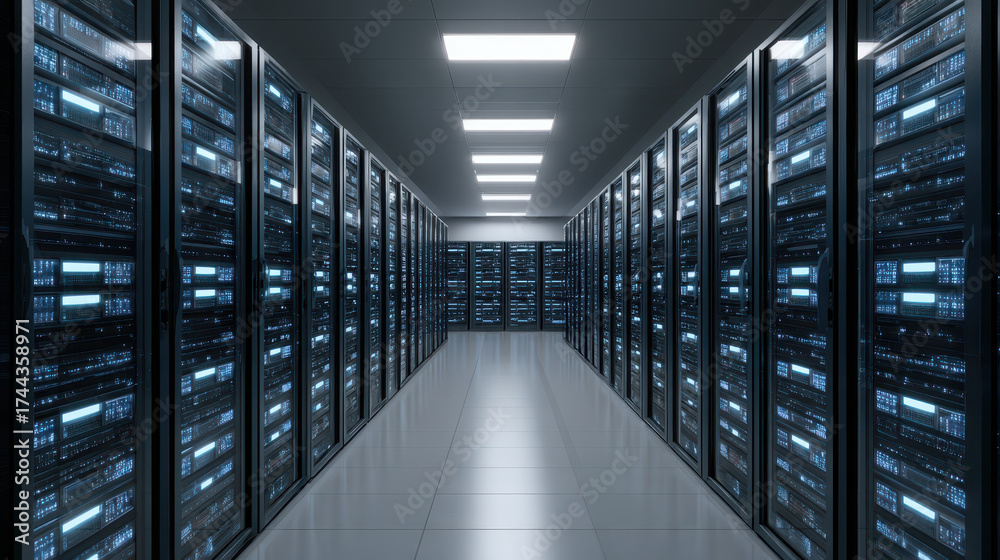 Fototapeta premium High tech data center server rack aisle with blue LED panels and reflective floor conveying secure digital infrastructure and calm professional atmosphere