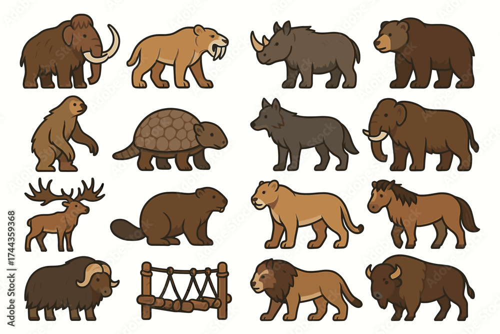 Fototapeta premium Cartoon illustrations of prehistoric and modern animals in various poses