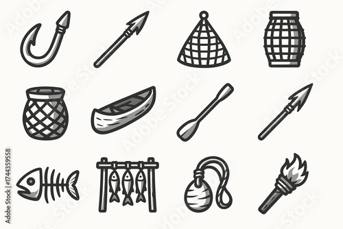 Hand-drawn fishing tools and boat illustration with canoe, hooks, nets, and torches