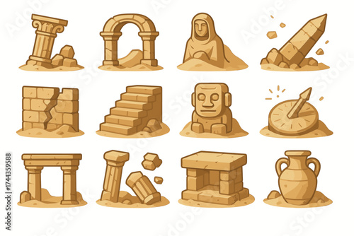 Ancient archaeological artifacts: columns, arches, statues, obelisks, and vases