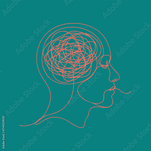 Minimalist line art of a human profile with a complex swirling pattern in the brain area on a solid teal
