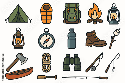 Camping gear icons: tent, sleeping bag, backpack, campfire, lanterns, compass, hiking boots, fishing rods