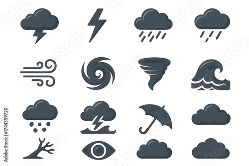 Weather icons: storm, rain, wind, hurricane, wave, umbrella, cloud