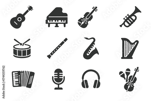 Variety of musical instrument icons including guitar, piano, violin, and trumpet