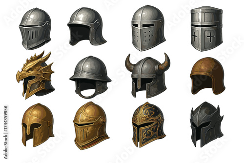 Collection of medieval and fantasy helmets with various designs and materials