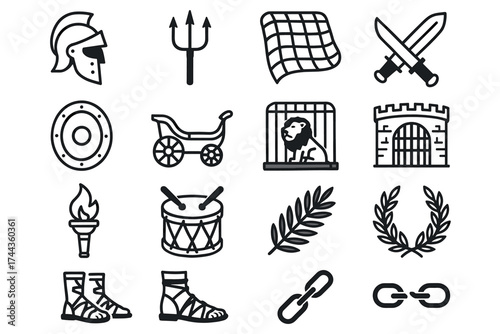 Ancient roman icon set with helmet, trident, swords, and more symbols